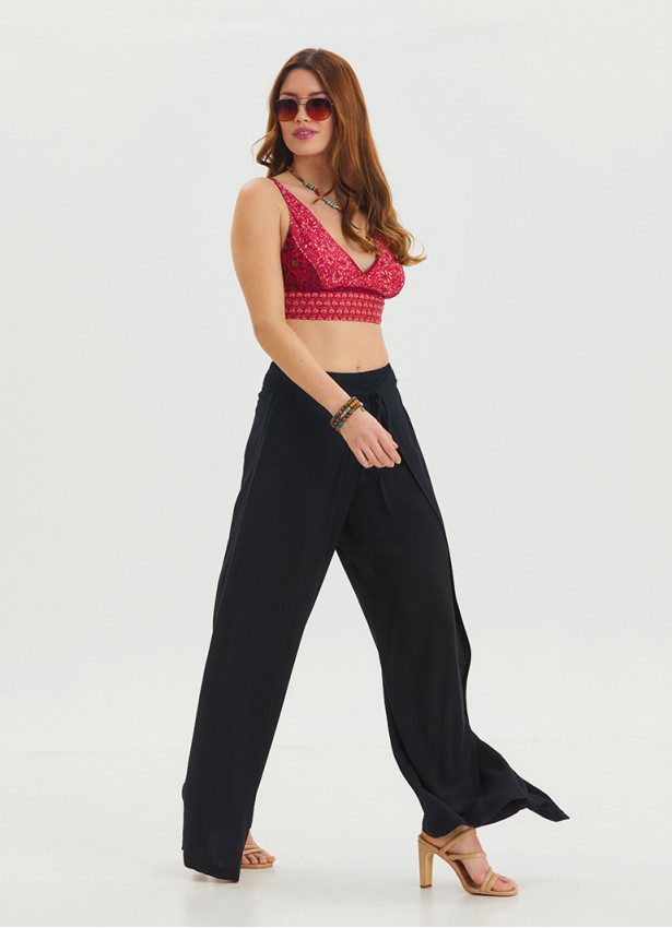 Black Bohemian Trousers with Elastic Waist and Tie Detail 4474